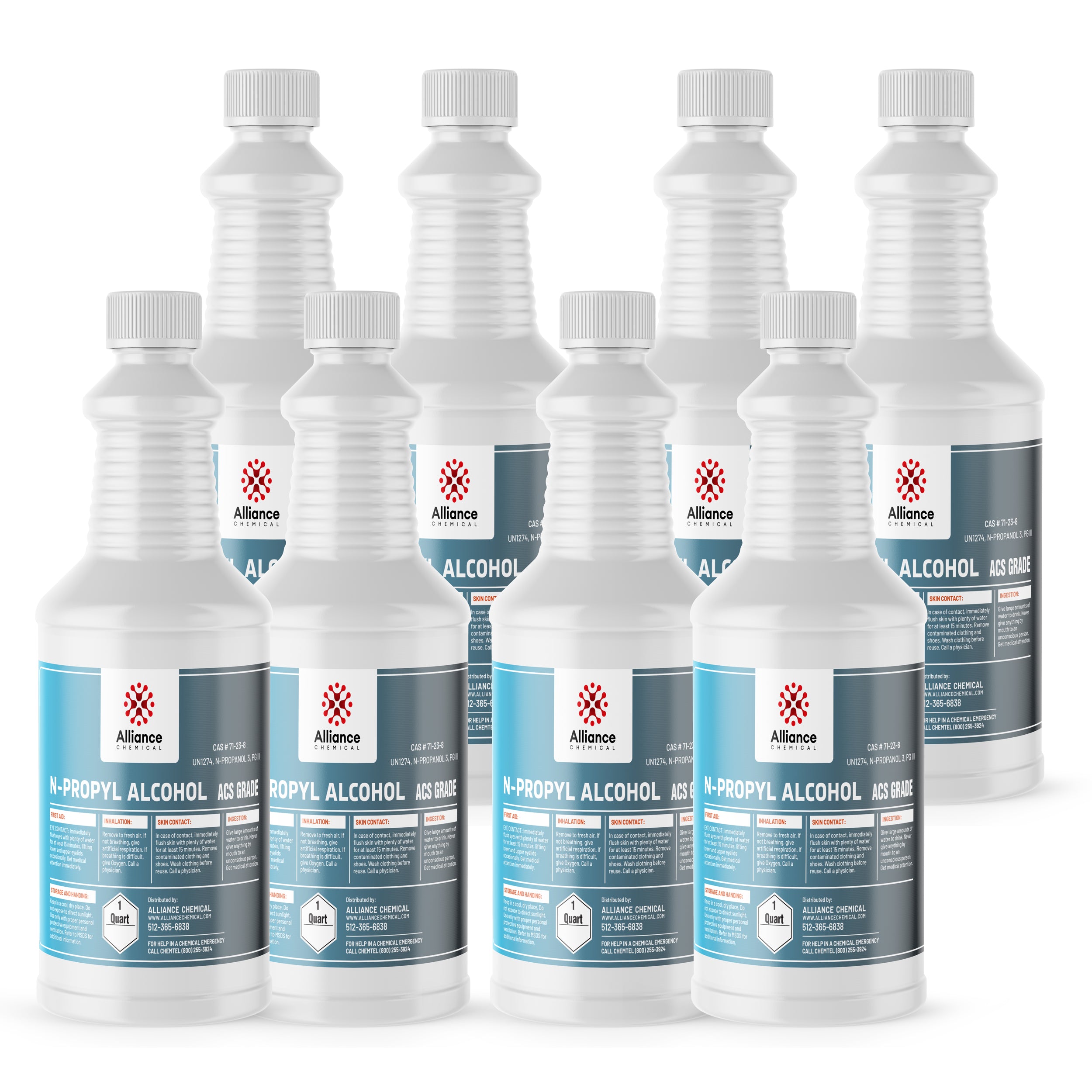 8x1 quart bottles of ACS-grade N-Propyl Alcohol in white HDPE containers with Alliance Chemical branding, UN1274 hazard labels, and ribbed safety caps.